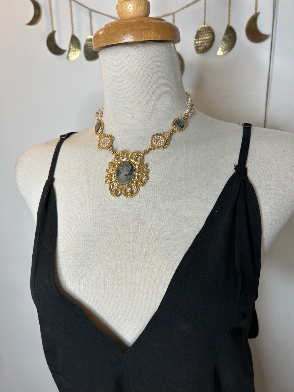 Gold Cameo Pendant Statement Necklace